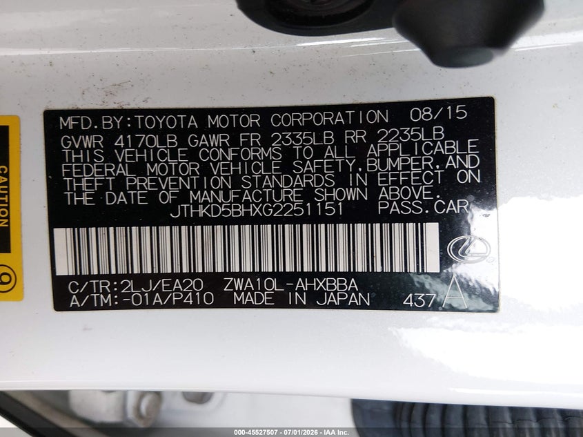2016 Lexus Ct 200H VIN: JTHKD5BHXG2251151 Lot: 45527507