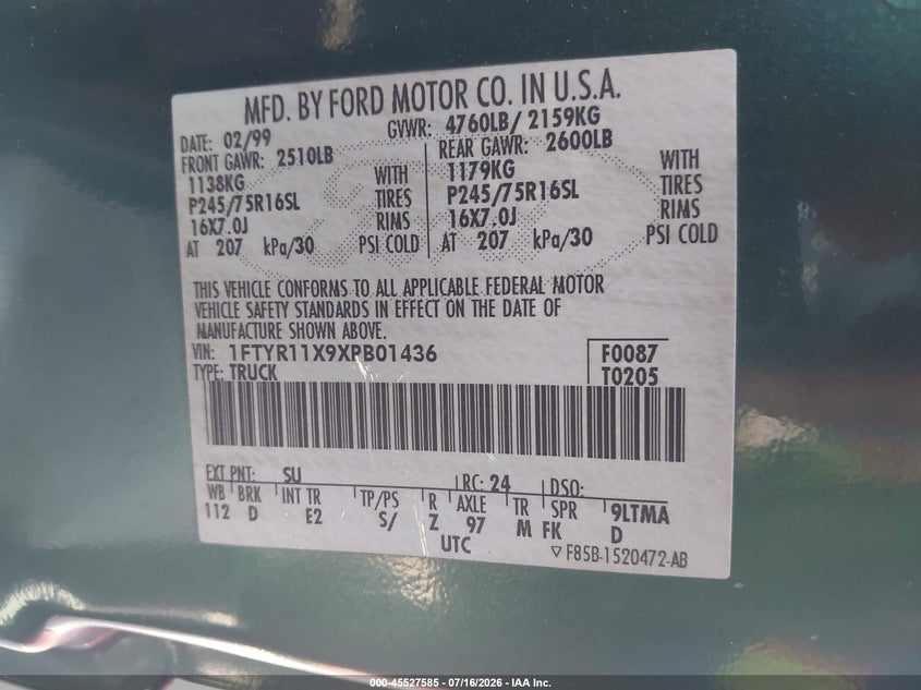 1999 Ford Ranger Xlt VIN: 1FTYR11X9XPB01436 Lot: 45527585