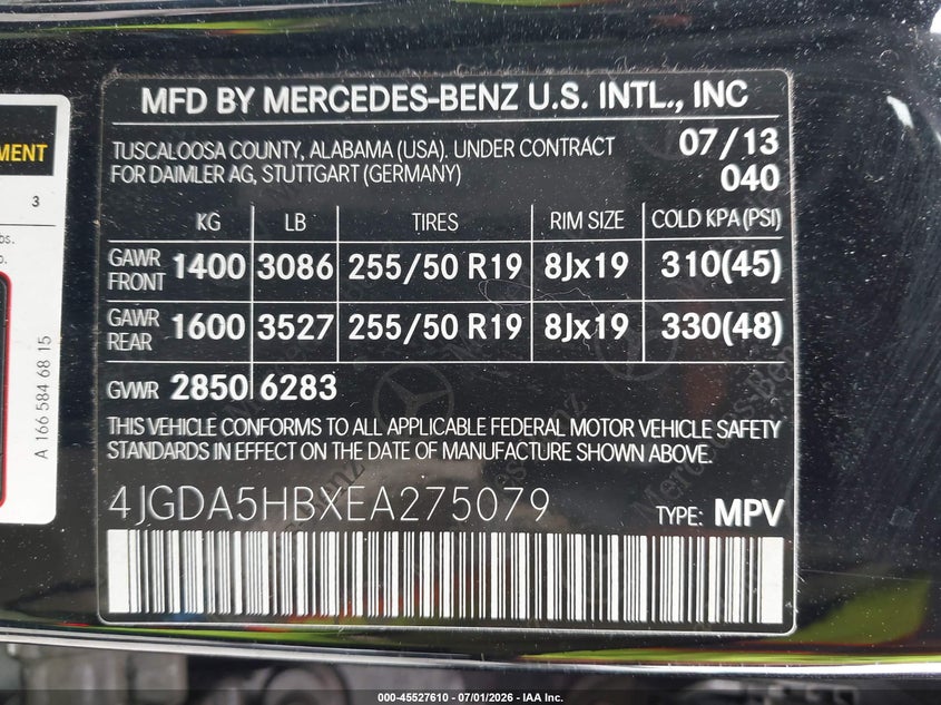 2014 Mercedes-Benz Ml 350 4Matic VIN: 4JGDA5HBXEA275079 Lot: 45527610