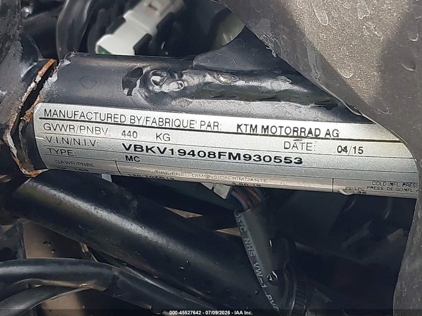 2015 Ktm 1190 Adventure VIN: VBKV19408FM930553 Lot: 45527642