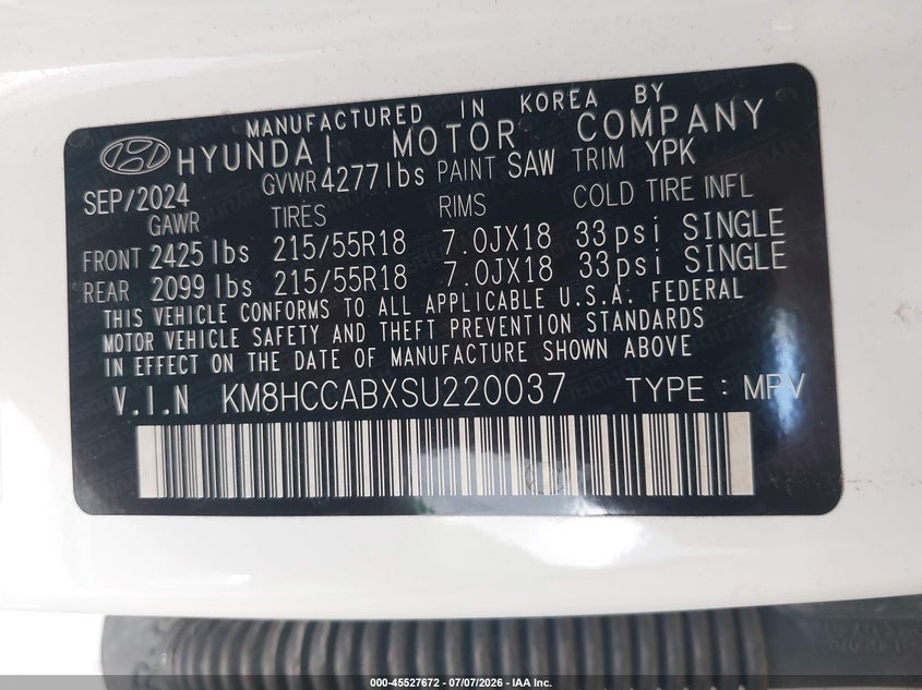 2025 Hyundai Kona Sel Convenience VIN: KM8HCCABXSU220037 Lot: 45527672