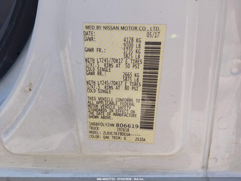 2017 Nissan Nv Cargo Nv2500 Hd Sv V6 VIN: 1N6BF0LY2HN806619 Lot: 45527723