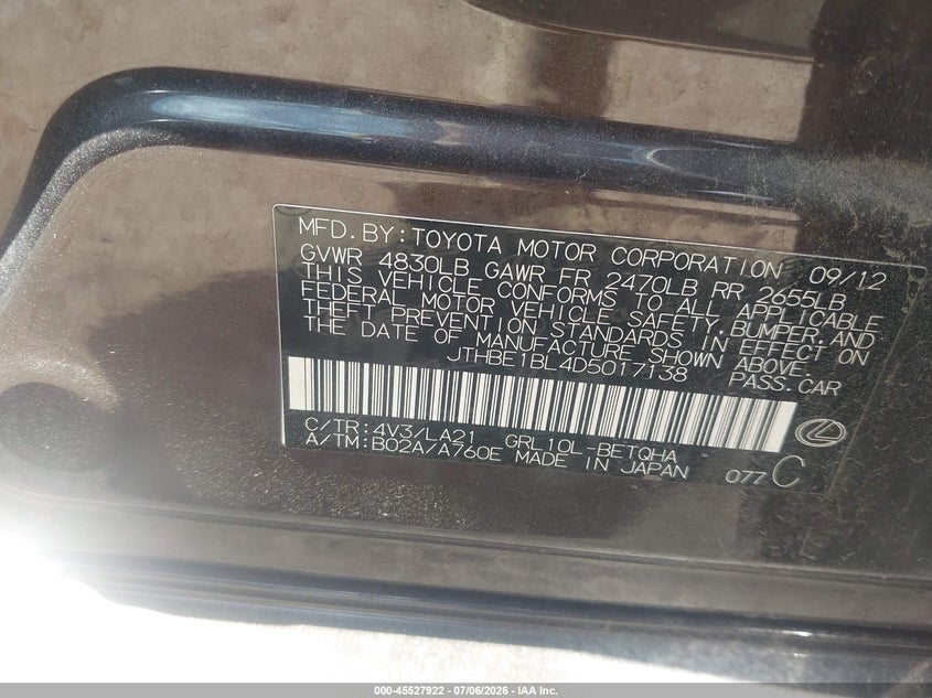 2013 Lexus Gs 350 VIN: JTHBE1BL4D5017138 Lot: 45527922
