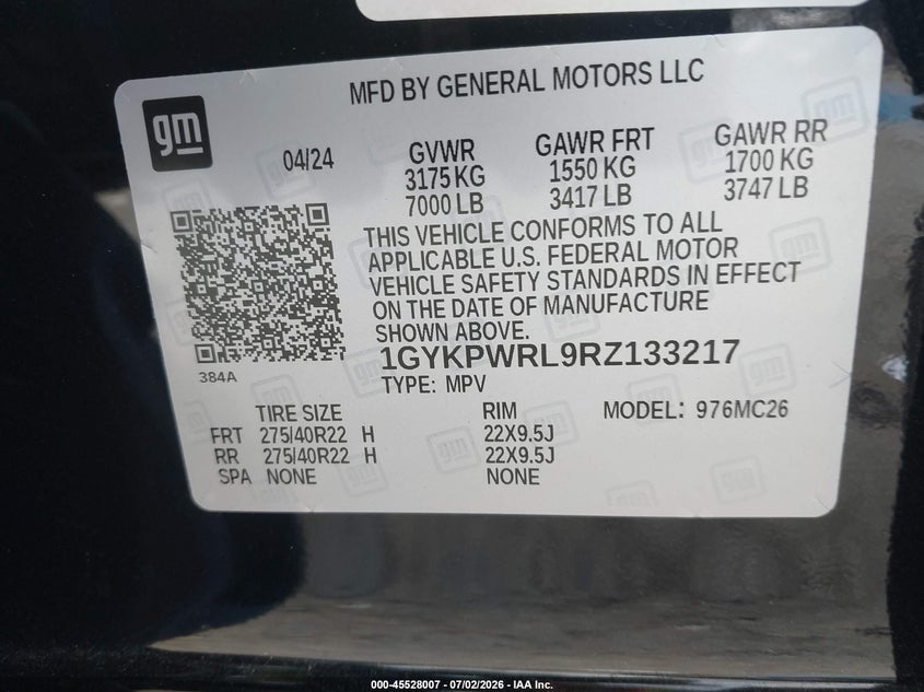 2024 Cadillac Lyriq Sport W/1Sk VIN: 1GYKPWRL9RZ133217 Lot: 45528007
