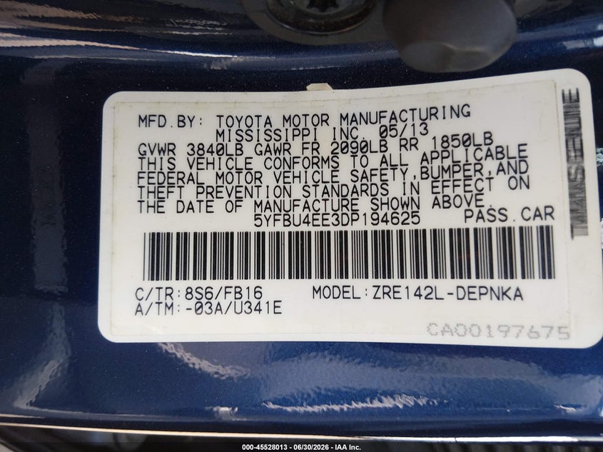 2013 TOYOTA COROLLA SEDAN 1.8L I-4 DOHC, VVT, 132HP