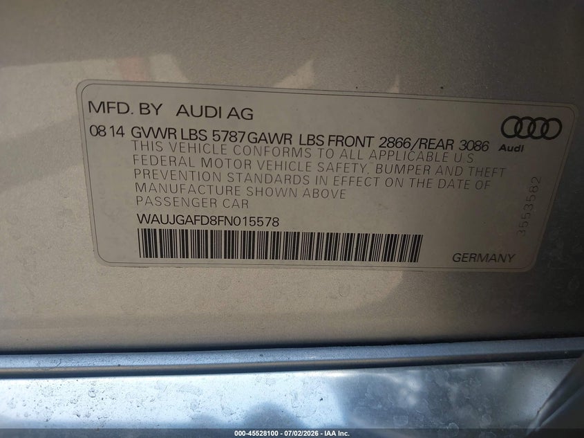 2015 Audi A8 3.0T VIN: WAUJGAFD8FN015578 Lot: 45528100