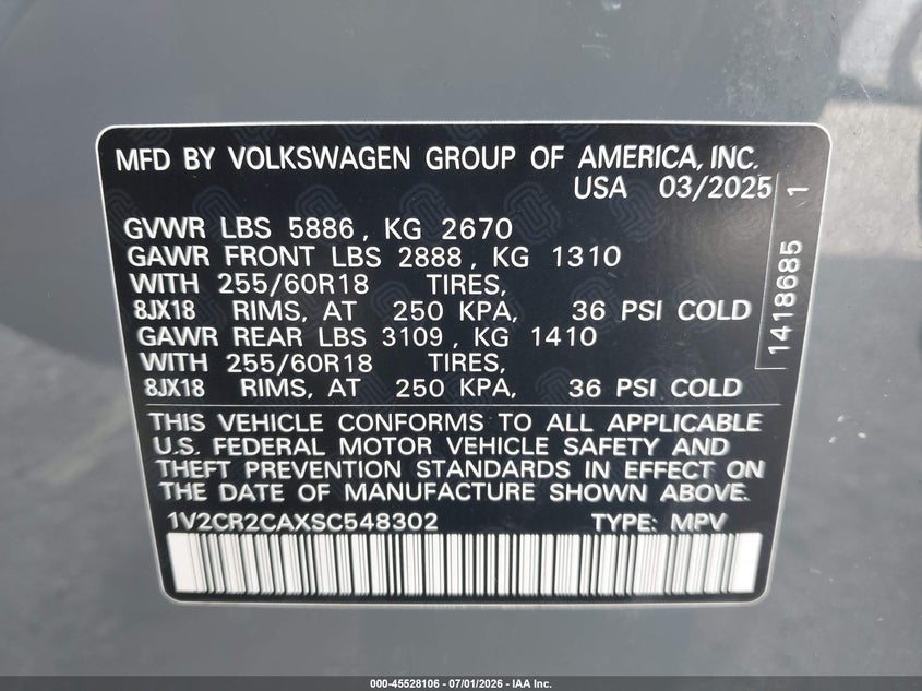 2025 Volkswagen Atlas 2.0T Peak Edition VIN: 1V2CR2CAXSC548302 Lot: 45528106