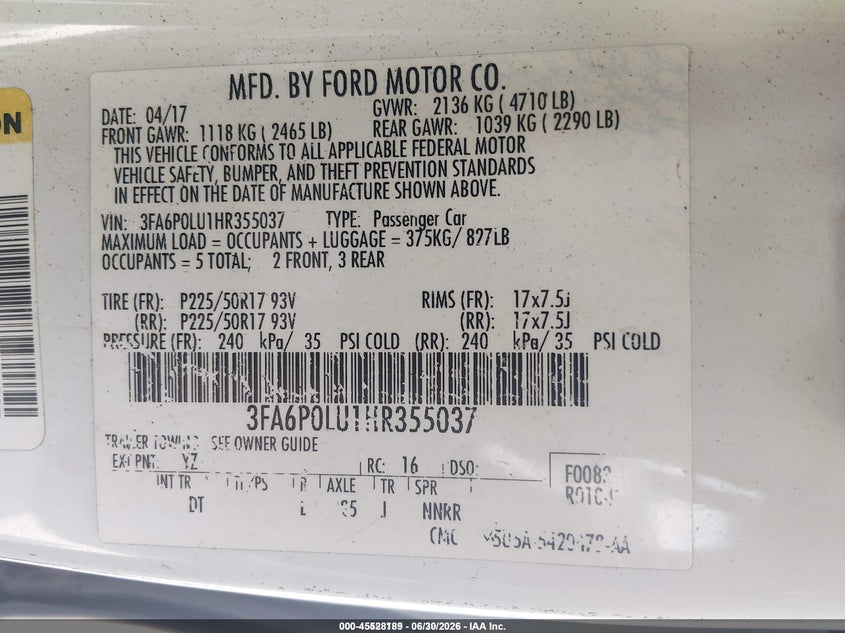 VIN 3FA6P0LU1HR355037 2017 FORD FUSION HYBRID SE