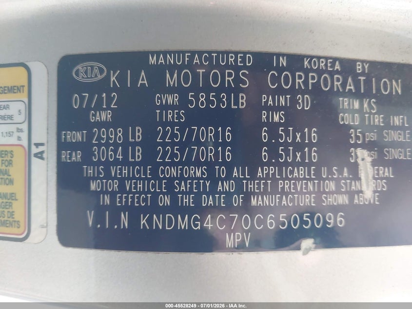 2012 Kia Sedona Lx VIN: KNDMG4C70C6505096 Lot: 45528249