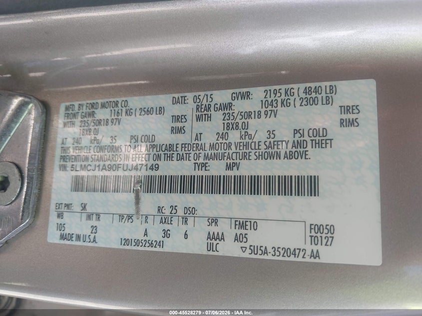 2015 Lincoln Mkc VIN: 5LMCJ1A90FUJ47149 Lot: 45528279