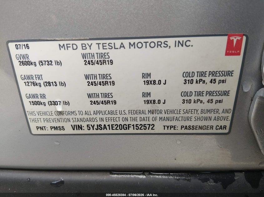 2016 Tesla Model S 60D/70D/75D/85D/90D VIN: 5YJSA1E20GF152572 Lot: 45528384