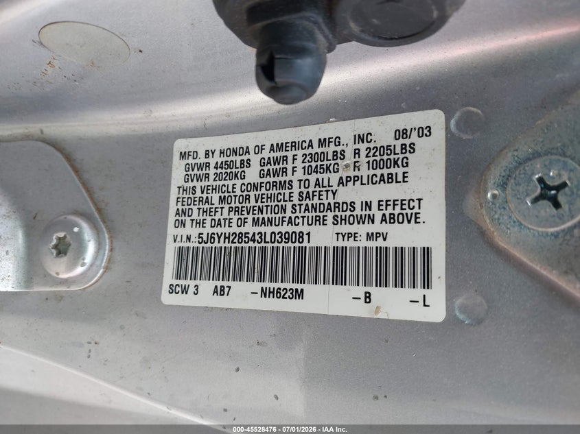 HONDA ELEMENT 2003 VIN 5J6YH28543L039081