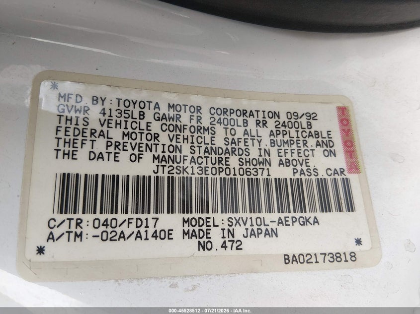1993 Toyota Camry Xle VIN: JT2SK13EOP0106371 Lot: 45528512