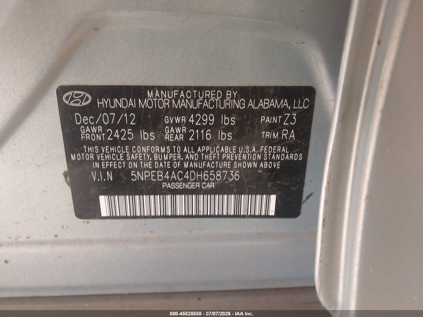 2013 HYUNDAI SONATA SEDAN 2.4L I-4 DI, DOHC, VVT, 198HP