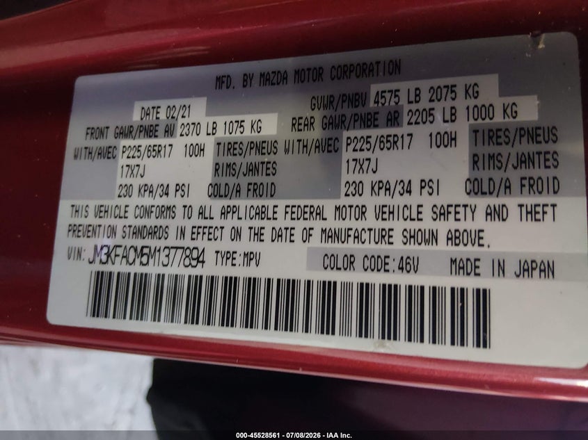 2021 Mazda Cx-5 Touring VIN: JM3KFACM5M1377894 Lot: 45528561