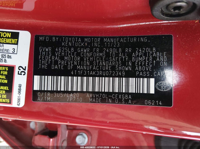 TOYOTA CAMRY HYBRID 2024 VIN 4T1F31AK3RU072349