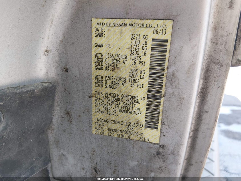 2013 Nissan Titan Sv VIN: 1N6AA0CC9DN312279 Lot: 45528641