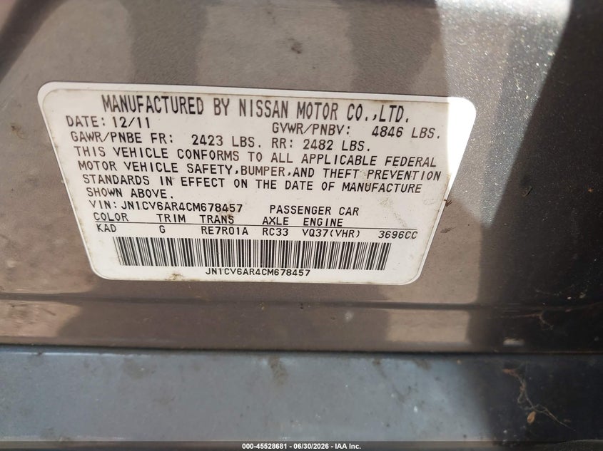 2012 Infiniti G37X VIN: JN1CV6AR4CM678457 Lot: 45528681