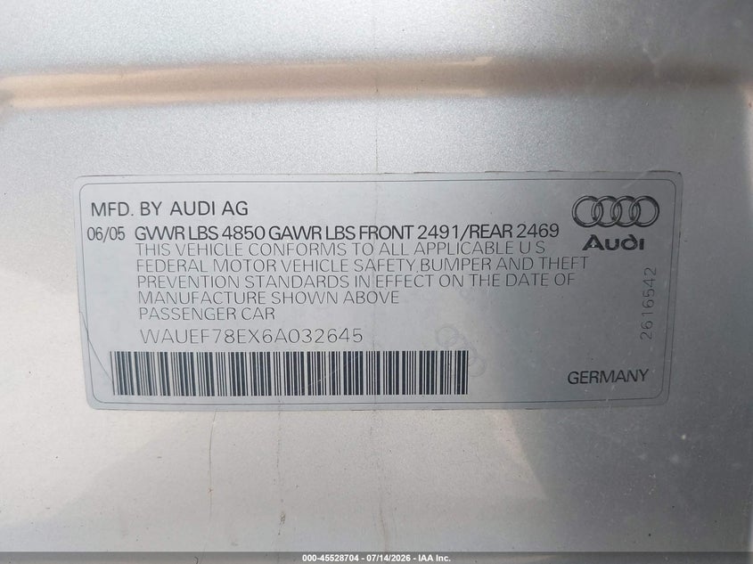 2006 Audi A4 2.0T VIN: WAUEF78EX6A032645 Lot: 45528704