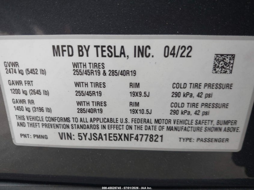 2022 TESLA MODEL S HATCHBACK ELECTRIC