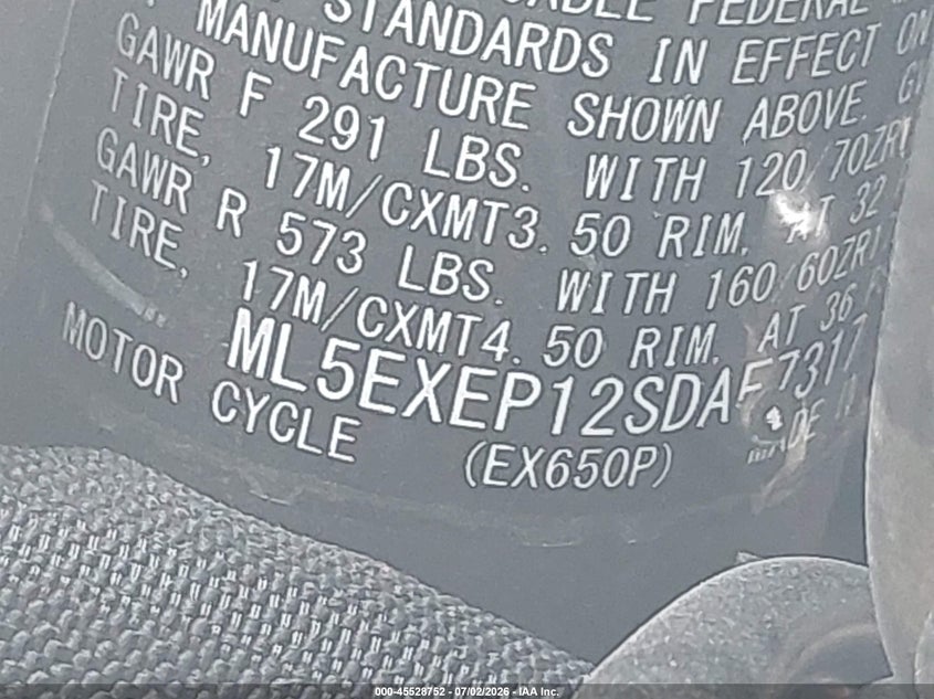 2025 Kawasaki Ex650 P VIN: ML5EXEP12SDAF7317 Lot: 45528752