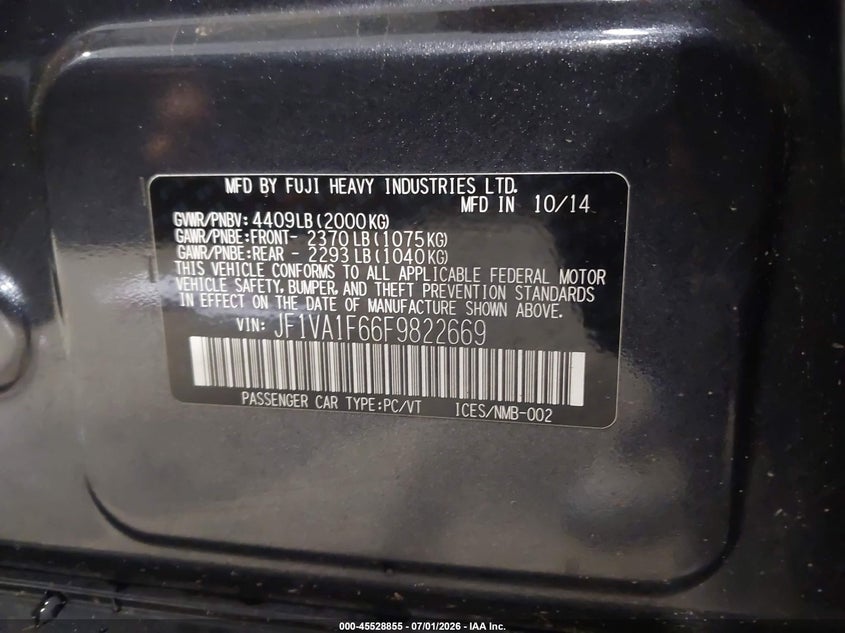 2015 Subaru Wrx Premium VIN: JF1VA1F66F9822669 Lot: 45528855
