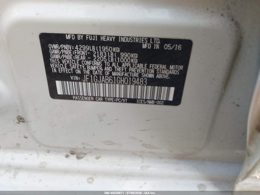 2016 Subaru Impreza 2.0I Premium VIN: JF1GJAB61GH019483 Lot: 45528971