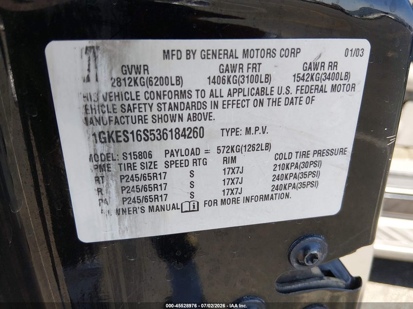 2003 GMC Envoy Xl Sle VIN: 1GKES16S536184260 Lot: 45528976