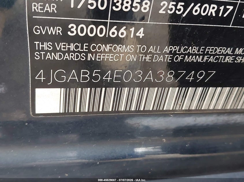 2003 Mercedes-Benz Ml 320 VIN: 4JGAB54E03A387497 Lot: 45529087