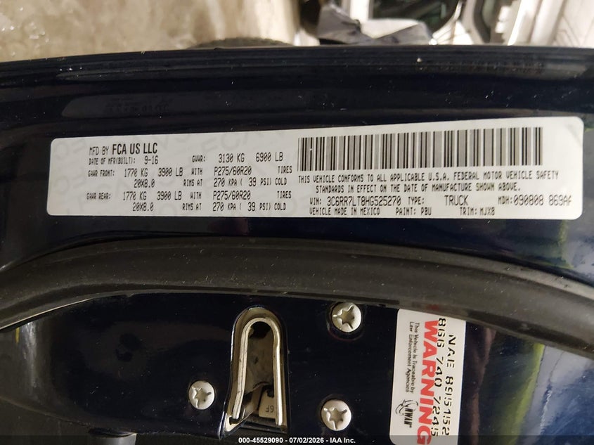 RAM 1500 2017 VIN 3C6RR7LT8HG525270