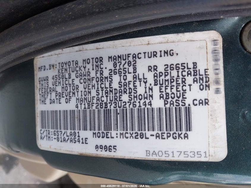 TOYOTA AVALON 2003 VIN 4T1BF28B73U276144