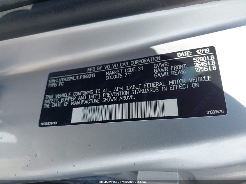 2020 Volvo S90 T6 Inscription VIN: LVYA22ML1LP168913 Lot: 45529159