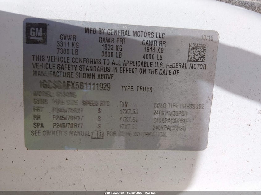 CHEVROLET EXPRESS 1500 2011 VIN 1GCSGAFX5B1111929