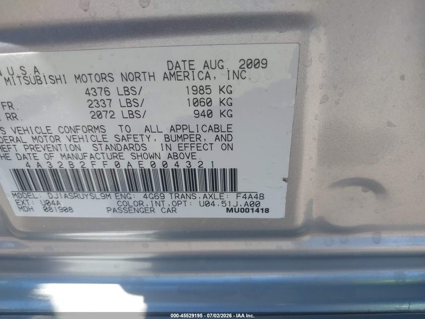 2010 Mitsubishi Galant Fe VIN: 4A32B2FF0AE004321 Lot: 45529195