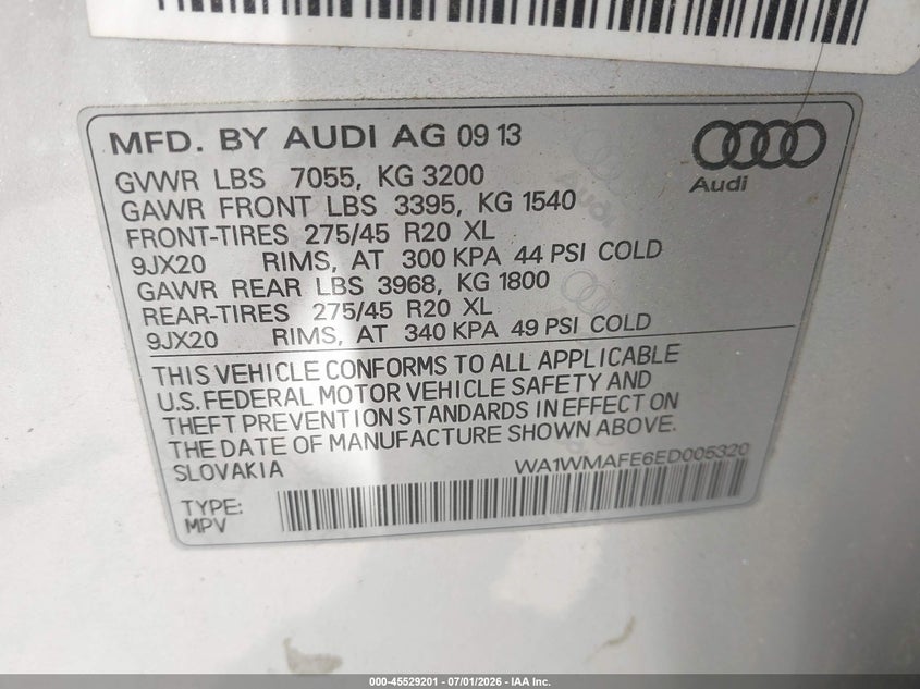 2014 Audi Q7 3.0 Tdi Premium VIN: WA1WMAFE6ED005320 Lot: 45529201