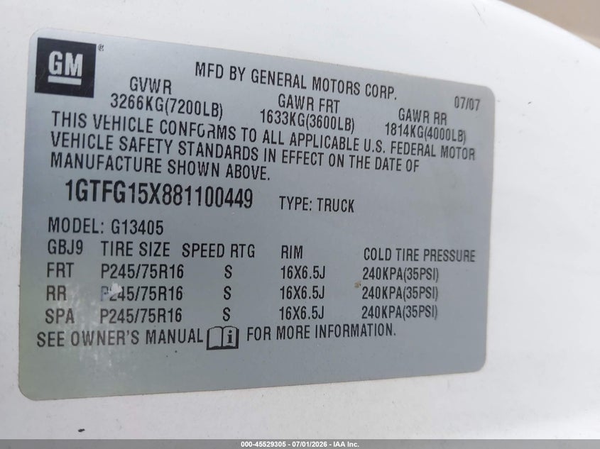 2008 GMC Savana Work Van VIN: 1GTFG15X881100449 Lot: 45529305