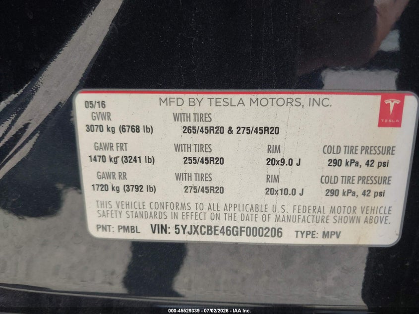 2016 Tesla Model X 75D/P100D/P90D VIN: 5YJXCBE46GF000206 Lot: 45529339