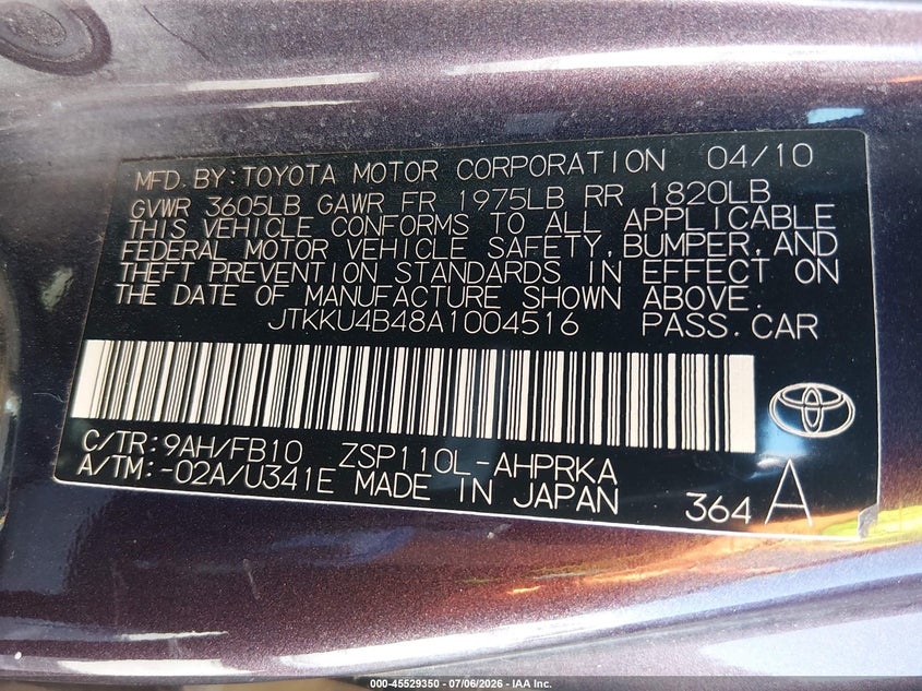 2010 Scion Xd VIN: JTKKU4B48A1004516 Lot: 45529350