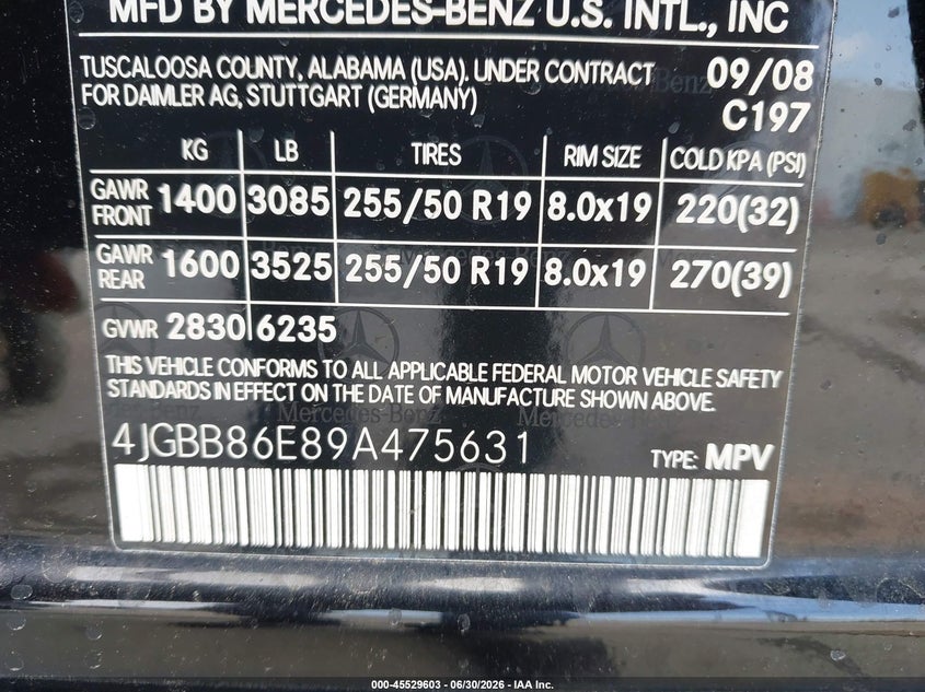 2009 Mercedes-Benz Ml 350 4Matic VIN: 4JGBB86E89A475631 Lot: 45529603