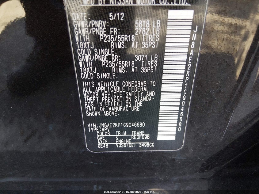 2012 Nissan Quest Le VIN: JN8AE2KP1C9046680 Lot: 45529619