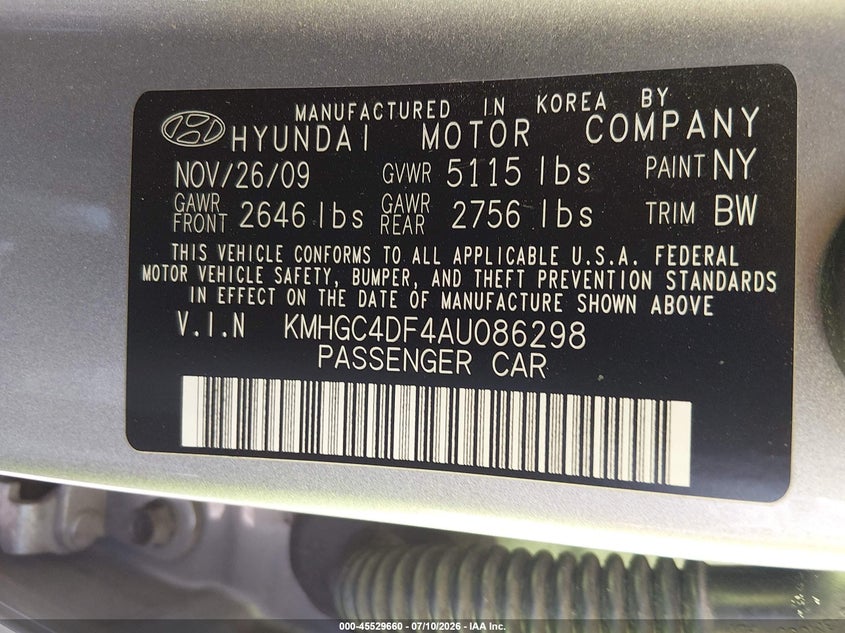 2010 Hyundai Genesis 4.6 VIN: KMHGC4DF4AU086298 Lot: 45529660