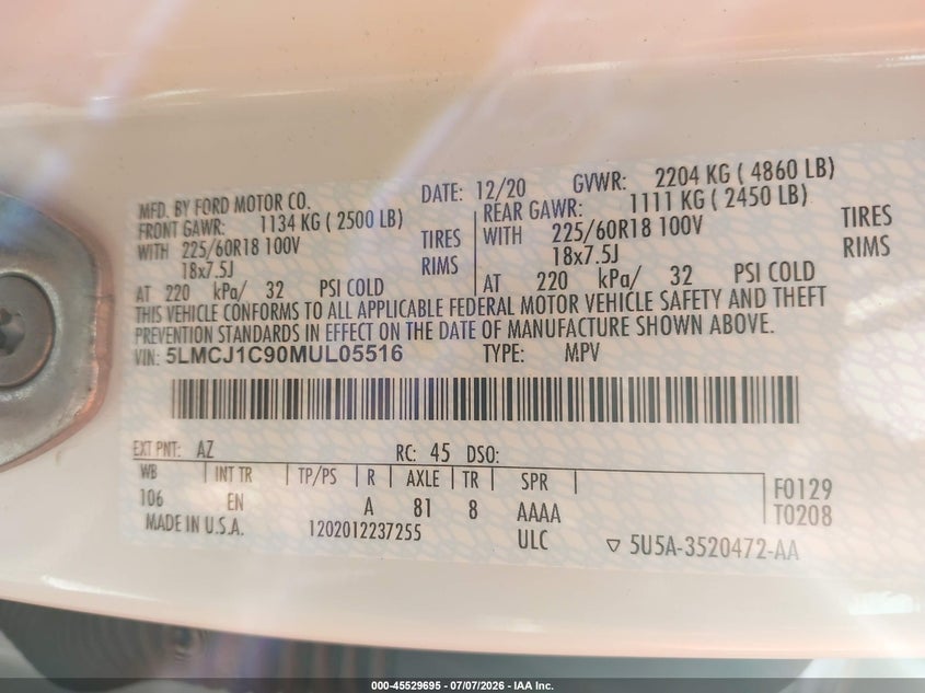 2021 Lincoln Corsair Standard VIN: 5LMCJ1C90MUL05516 Lot: 45529695