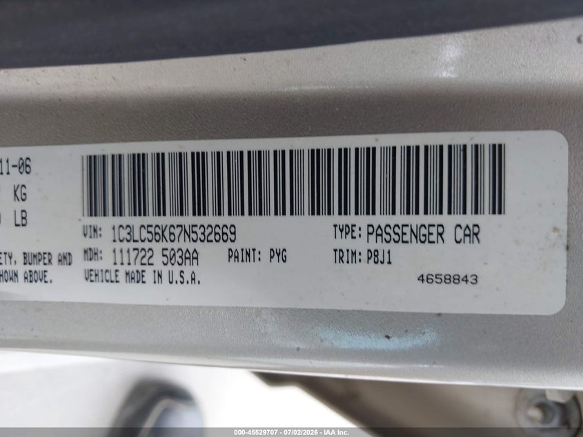 2007 Chrysler Sebring Touring VIN: 1C3LC56K67N532669 Lot: 45529707