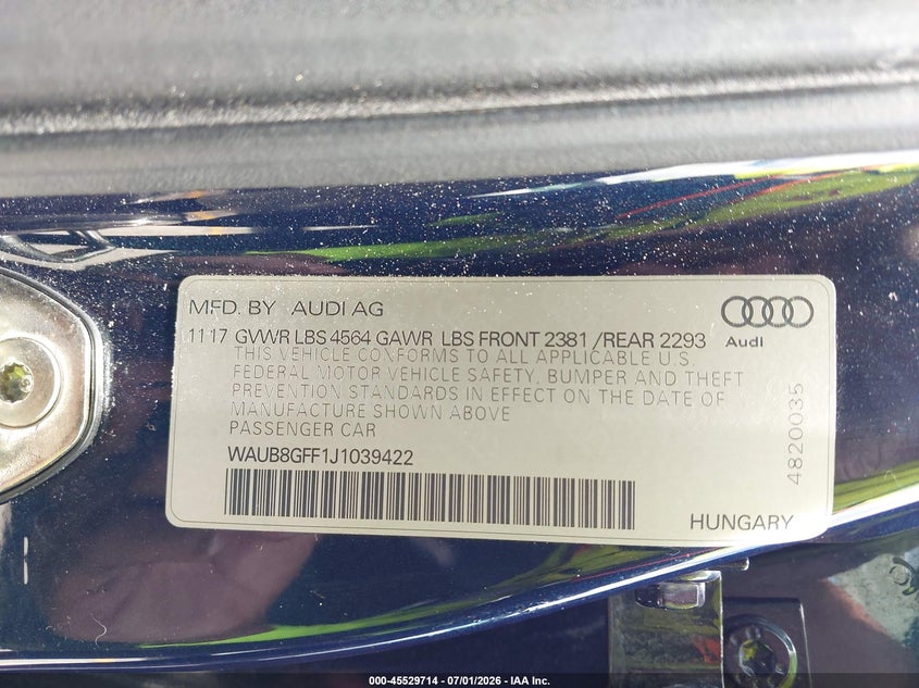 2018 Audi A3 2.0T Premium/2.0T Tech Premium VIN: WAUB8GFF1J1039422 Lot: 45529714