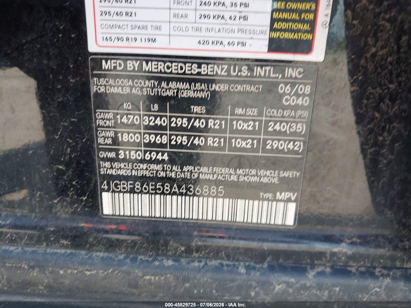 2008 Mercedes-Benz Gl 550 4Matic VIN: 4JGBF86E58A436885 Lot: 45529725