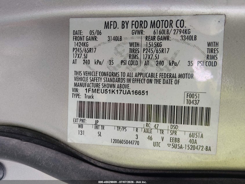 2007 Ford Explorer Sport Trac Xlt VIN: 1FMEU51K17UA16651 Lot: 45529809