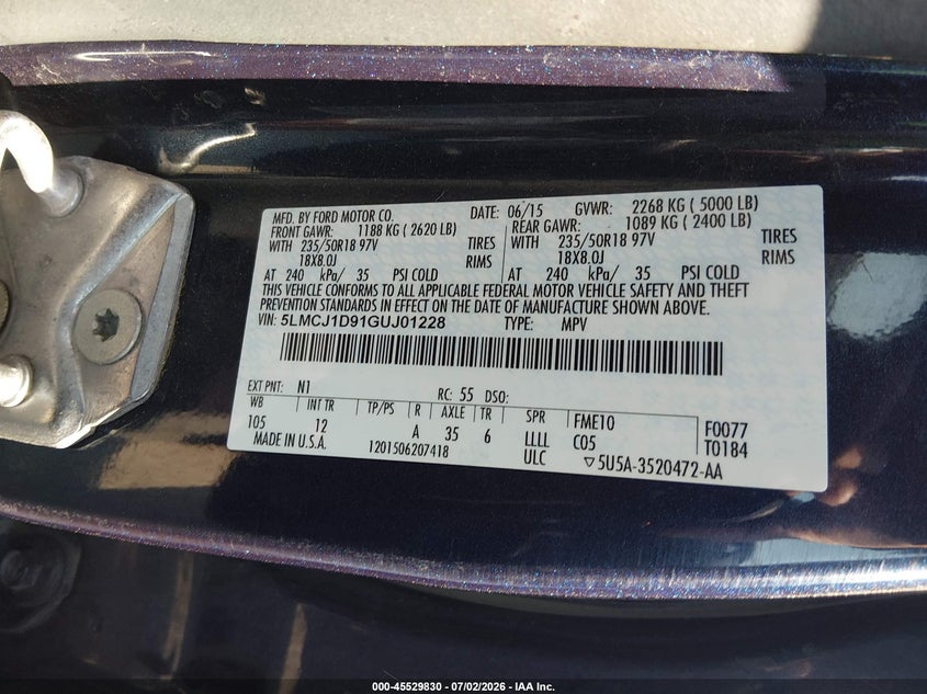 2016 Lincoln Mkc Premier VIN: 5LMCJ1D91GUJ01228 Lot: 45529830
