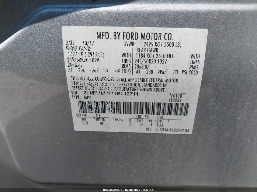 2018 Lincoln Mkx Reserve VIN: 2LMPJ6LR1JBL12711 Lot: 45529879
