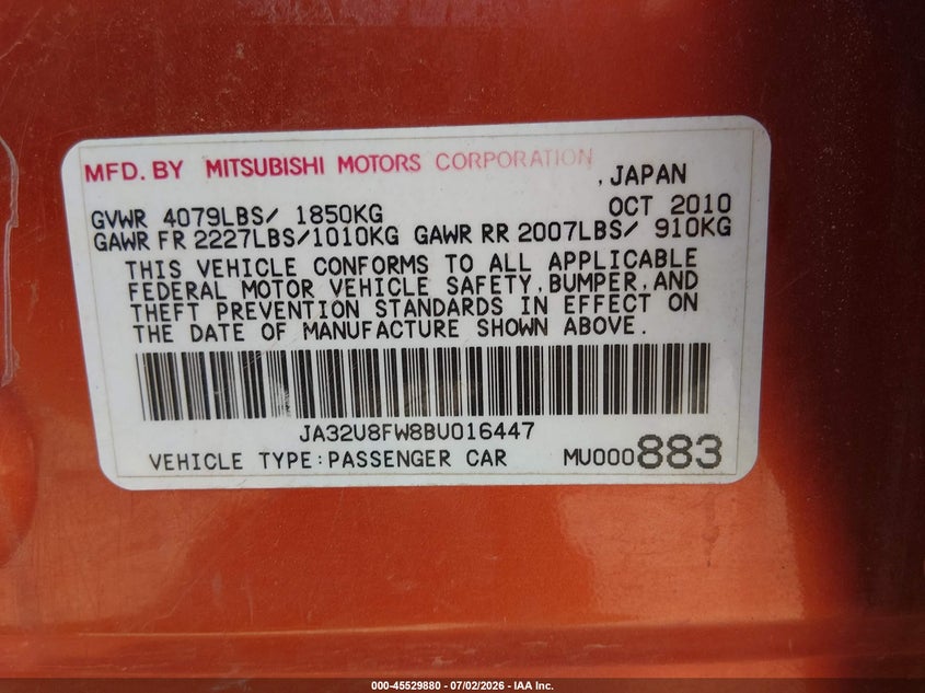 2011 Mitsubishi Lancer Gts VIN: JA32U8FW8BU016447 Lot: 45529880