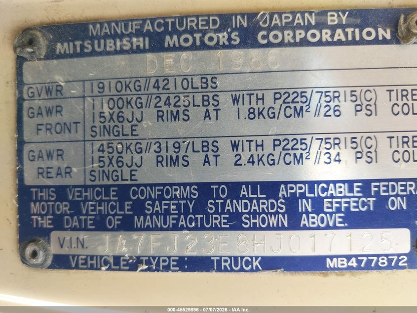 1987 Mitsubishi Montero VIN: JA7FJ23E8HJ017125 Lot: 45529896